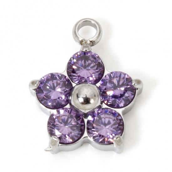 Picture of 1 Piece Eco-friendly 304 Stainless Steel Charms Silver Tone Plum Blossom Purple Cubic Zirconia 11mm x 9mm