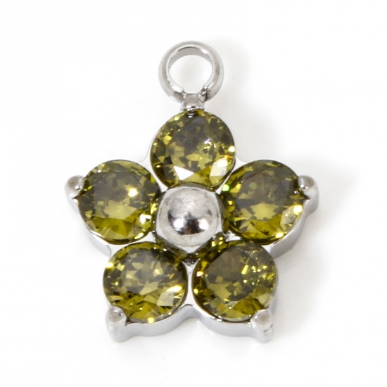 Picture of 1 Piece Eco-friendly 304 Stainless Steel Charms Silver Tone Plum Blossom Olive Green Cubic Zirconia 11mm x 9mm