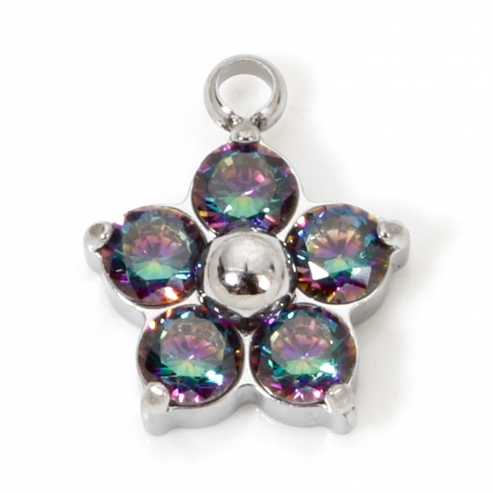 Picture of 1 Piece Eco-friendly 304 Stainless Steel Charms Silver Tone Plum Blossom Multicolour Cubic Zirconia 11mm x 9mm