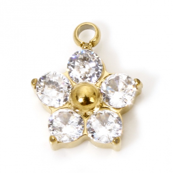 Picture of 1 Piece Vacuum Plating 304 Stainless Steel Charms Gold Plated Plum Blossom Clear Cubic Zirconia 11mm x 9mm