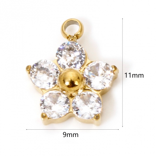 Bild von 1 Stück Vakuumbeschichtung 304 Edelstahl Charms Pflaumenblüte Vergoldet Klar Zirkonia 11mm x 9mm