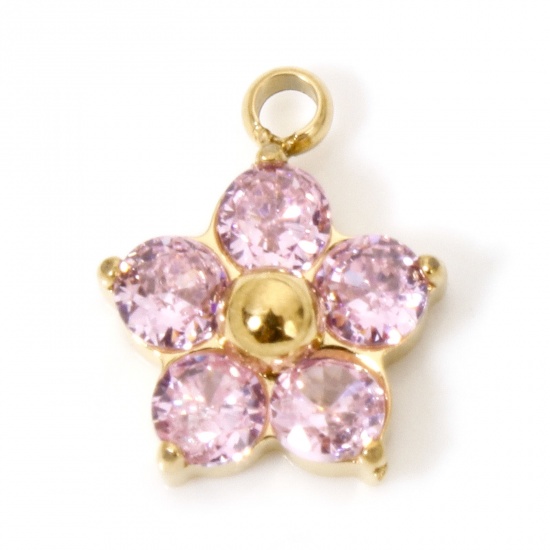 Picture of 1 Piece Vacuum Plating 304 Stainless Steel Charms Gold Plated Plum Blossom Pink Cubic Zirconia 11mm x 9mm