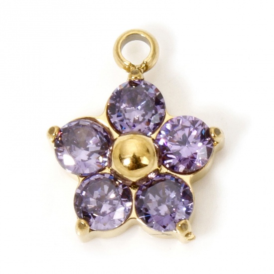 Picture of 1 Piece Vacuum Plating 304 Stainless Steel Charms Gold Plated Plum Blossom Purple Cubic Zirconia 11mm x 9mm