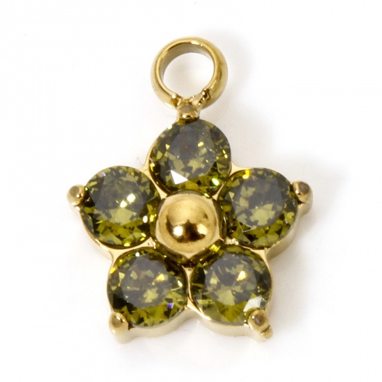 Picture of 1 Piece Vacuum Plating 304 Stainless Steel Charms Gold Plated Plum Blossom Olive Green Cubic Zirconia 11mm x 9mm