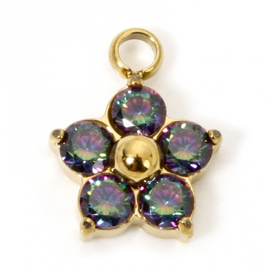 Picture of 1 Piece Vacuum Plating 304 Stainless Steel Charms Gold Plated Plum Blossom Multicolour Cubic Zirconia 11mm x 9mm