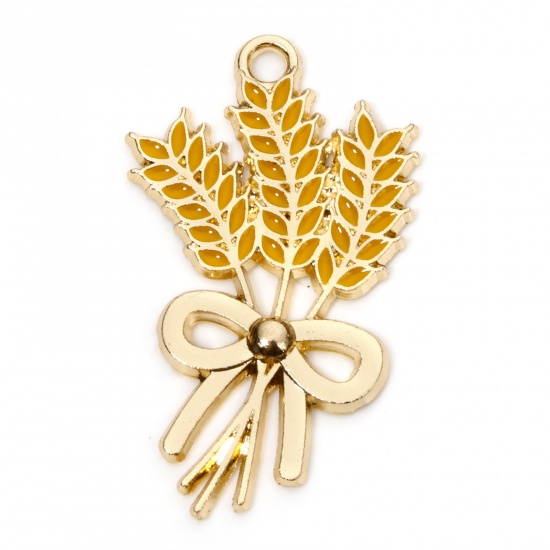 Picture of 10 PCs Zinc Based Alloy Pendants Gold Plated Autumn Fall Style Yellow Ear Of Wheat Enamel 3.5cm x 2cm