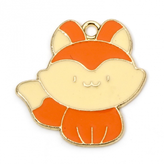 Picture of 10 PCs Zinc Based Alloy Charms Gold Plated Autumn Fall Style Orange Fox Animal Enamel 25mm x 25mm