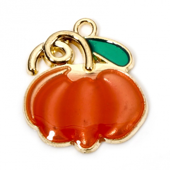 Picture of 10 PCs Zinc Based Alloy Halloween Charms Gold Plated Autumn Fall Style Orange Pumpkin Enamel 22mm x 20mm