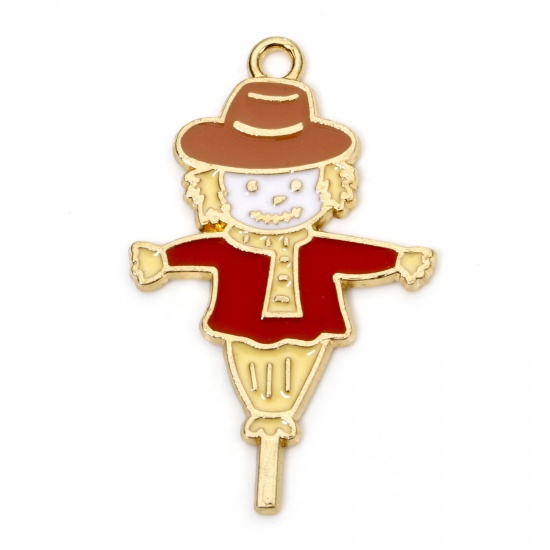 Picture of 10 PCs Zinc Based Alloy Pendants Gold Plated Autumn Fall Style Brown Halloween Scarecrow Enamel 3.5cm x 2.2cm