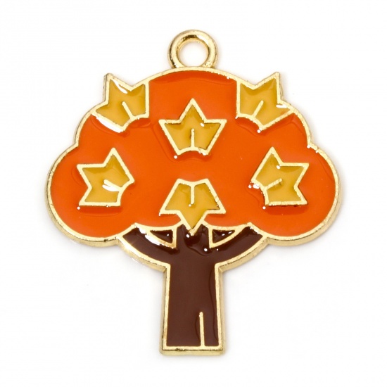 Picture of 10 PCs Zinc Based Alloy Pendants Gold Plated Autumn Fall Style Orange Tree Enamel 3cm x 2.7cm