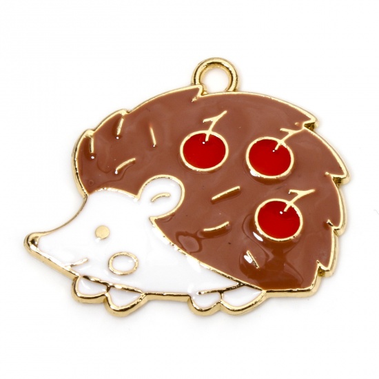 Picture of 10 PCs Zinc Based Alloy Charms Gold Plated Autumn Fall Style Brown Hedgehog Enamel 29mm x 24mm