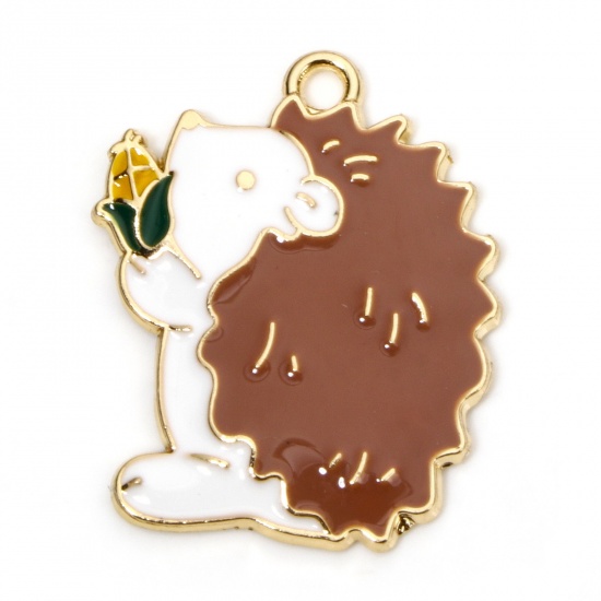 Picture of 10 PCs Zinc Based Alloy Charms Gold Plated Autumn Fall Style Brown Hedgehog Enamel 28mm x 23mm