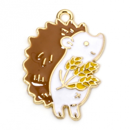 Picture of 10 PCs Zinc Based Alloy Charms Gold Plated Autumn Fall Style Brown Hedgehog Enamel 28mm x 20mm