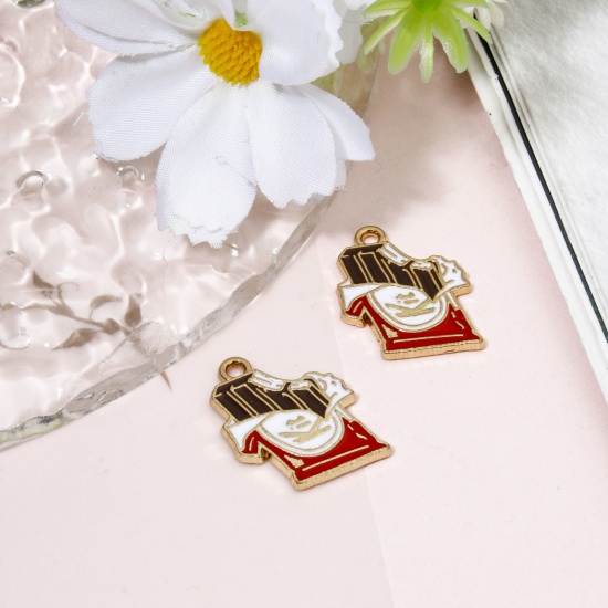 Picture of 10 PCs Zinc Based Alloy Charms Gold Plated Brown Chocolate Food Enamel 20mm x 16mm