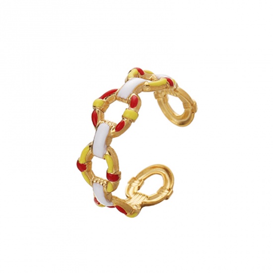 Picture of 1 Piece Vacuum Plating 304 Stainless Steel Ins Style Open Adjustable Rings Gold Plated White & Red Link Chain Enamel 17mm(US Size 6.5)