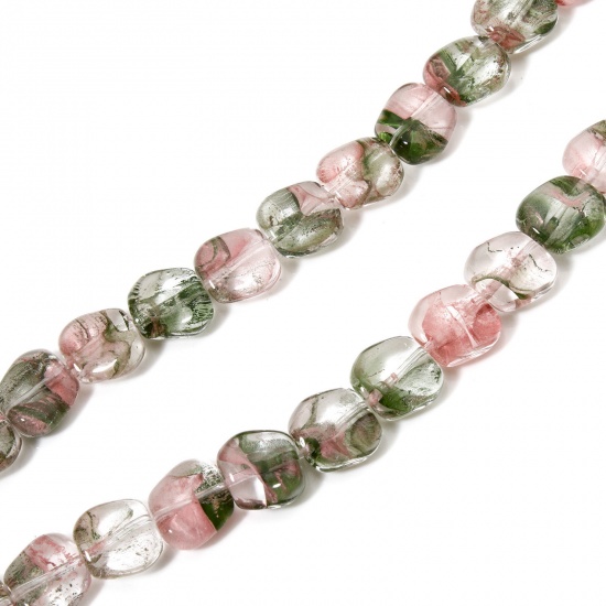 Picture of 1 Strand (Approx 24 PCs/Strand) Glass Beads For DIY Jewelry Making Quadrilateral Pink Ink Spot Transparent About 11mm x 10mm, Hole: Approx 0.7mm, 25cm(9 7/8") long