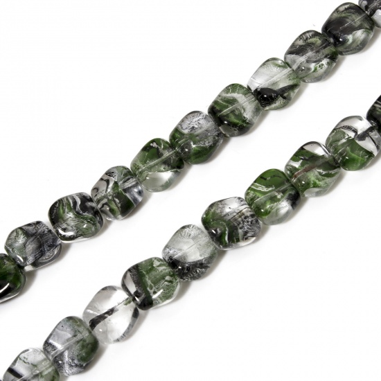 Picture of 1 Strand (Approx 24 PCs/Strand) Glass Beads For DIY Jewelry Making Quadrilateral Green Ink Spot Transparent About 11mm x 10mm, Hole: Approx 0.7mm, 25cm(9 7/8") long