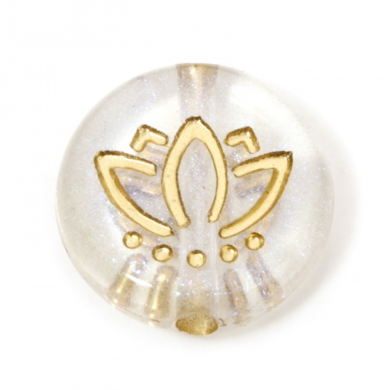 Picture of 100 PCs Acrylic Retro Beads For DIY Jewelry Making Clear AB Color Pearlized Flat Round Lotus Flower About 14mm Dia., Hole: Approx 1.8mm