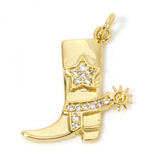 Picture of 1 Piece Eco-friendly Brass West Cowboy Charms 18K Real Gold Plated Boots Clear Cubic Zirconia 23mm x 18.5mm