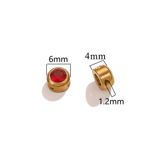 Immagine di 5 PCs Vacuum Plating 304 Stainless Steel Birthstone Charms 18K Gold Plated Round July Red Rhinestone 6mm Dia.