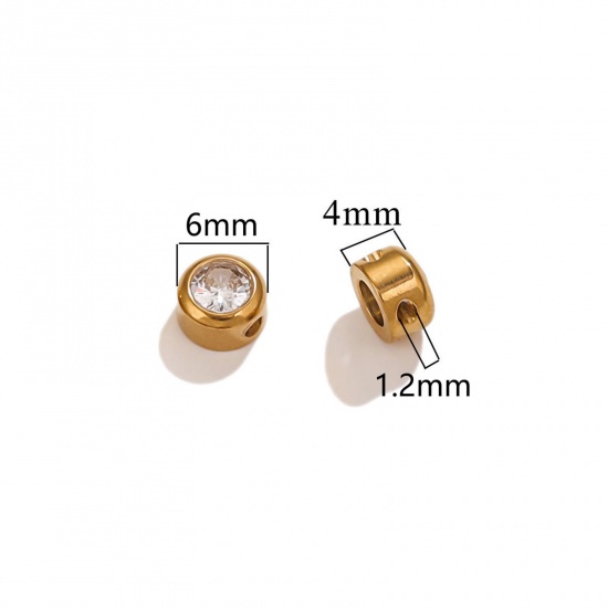 Immagine di 5 PCs Vacuum Plating 304 Stainless Steel Birthstone Charms 18K Gold Plated Round April Clear Rhinestone 6mm Dia.