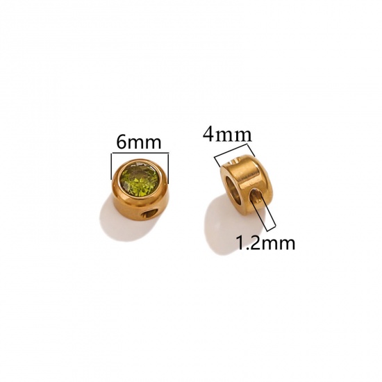 Immagine di 5 PCs Vacuum Plating 304 Stainless Steel Birthstone Charms 18K Gold Plated Round August Olive Green Rhinestone 6mm Dia.