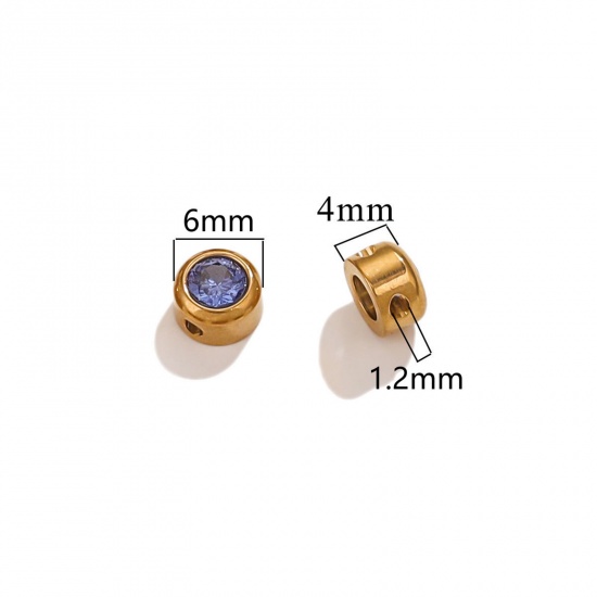 Immagine di 5 PCs Vacuum Plating 304 Stainless Steel Birthstone Charms 18K Gold Plated Round March Aqua Blue Rhinestone 6mm Dia.