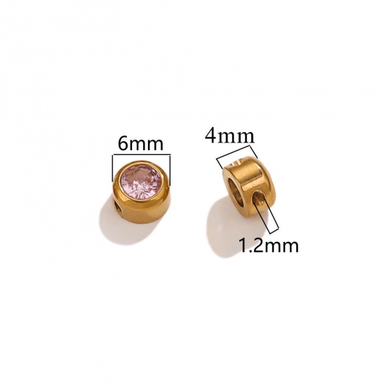 Immagine di 5 PCs Vacuum Plating 304 Stainless Steel Birthstone Charms 18K Gold Plated Round October Light Pink Rhinestone 6mm Dia.