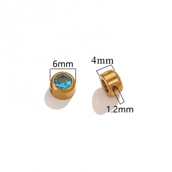 Immagine di 5 PCs Vacuum Plating 304 Stainless Steel Birthstone Charms 18K Gold Plated Round December Lake Blue Rhinestone 6mm Dia.