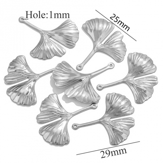 Picture of 10 PCs 304 Stainless Steel Charms Silver Tone Gingko Leaf 29mm x 25mm