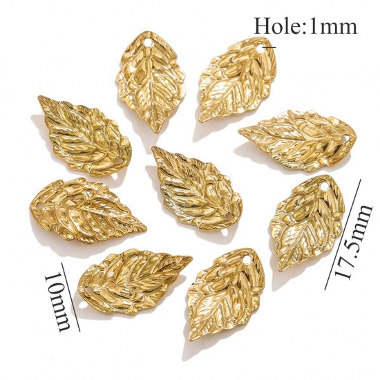 Picture of 20 PCs Vacuum Plating 304 Stainless Steel Charms 18K Gold Plated Leaf 17.5mm x 10mm