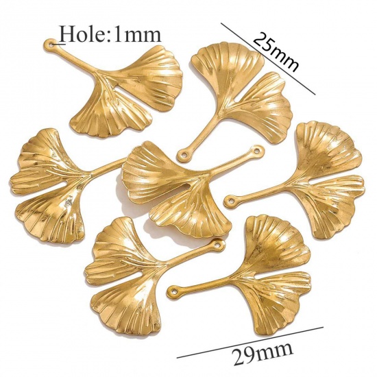 Picture of 10 PCs Vacuum Plating 304 Stainless Steel Charms 18K Gold Plated Leaf 29mm x 25mm