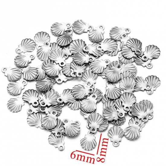 Picture of 80 PCs 304 Stainless Steel Charms Silver Tone Shell 8mm x 6mm