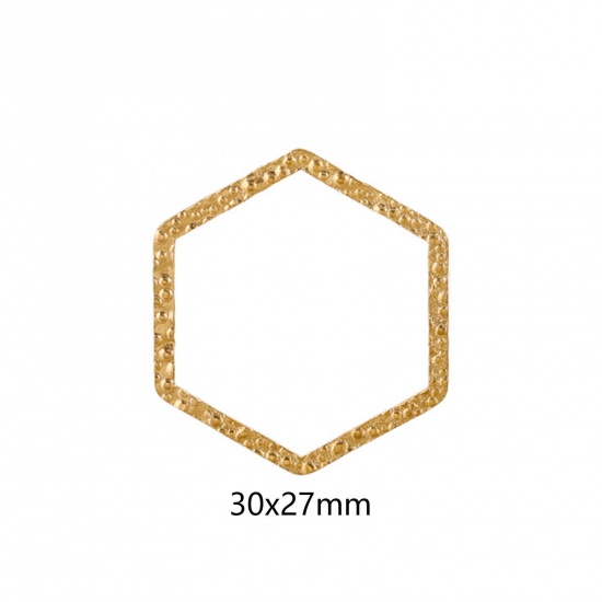 Immagine di 5 Pz Placcatura Sottovuoto 304 Acciaio Inossidabile Pendenti Charms Connettori Esagono Placcato Oro 18K goffratura 30mm x 27mm