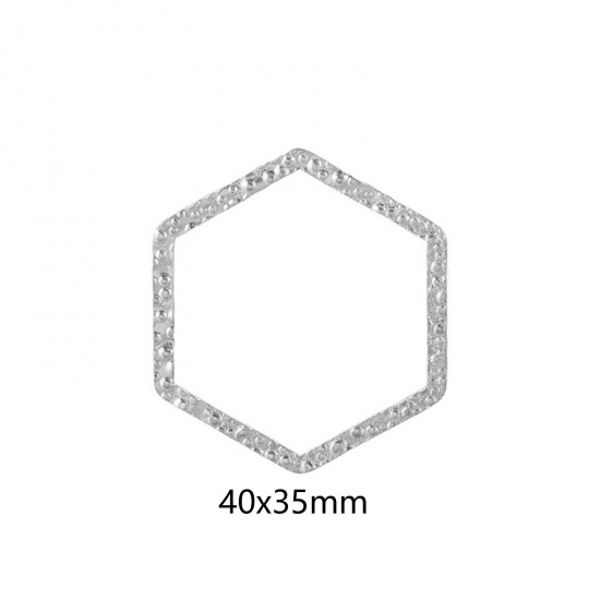 Picture of 5 PCs 304 Stainless Steel Connectors Charms Pendants Silver Tone Hexagon Embossing 40mm x 35mm