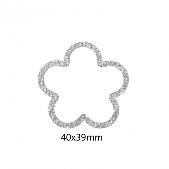 Picture of 5 PCs 304 Stainless Steel Connectors Charms Pendants Silver Tone Flower Embossing 40mm x 39mm