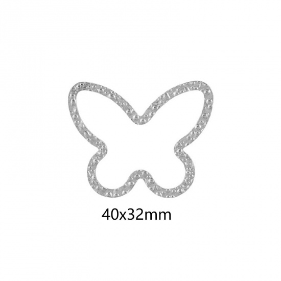 Picture of 5 PCs 304 Stainless Steel Connectors Charms Pendants Silver Tone Butterfly Animal Embossing 40mm x 32mm