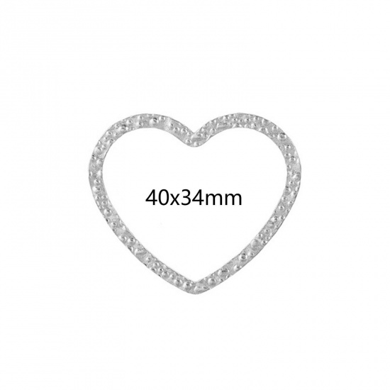 Picture of 5 PCs 304 Stainless Steel Connectors Charms Pendants Silver Tone Heart Embossing 40mm x 34mm