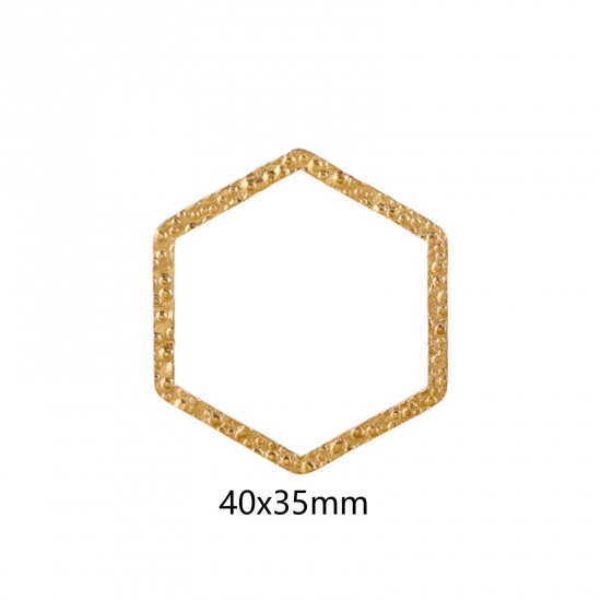 Picture of 5 PCs Vacuum Plating 304 Stainless Steel Connectors Charms Pendants 18K Gold Plated Hexagon Embossing 40mm x 35mm