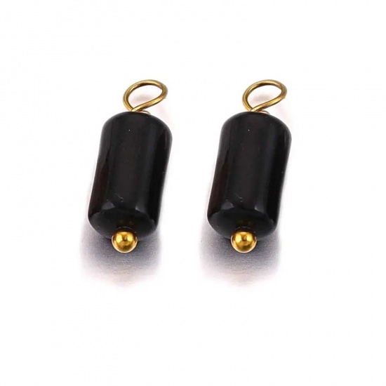 Picture of 5 PCs Vacuum Plating 304 Stainless Steel & Gemstone Charms 18K Gold Plated Black Cylinder 17mm x 6mm