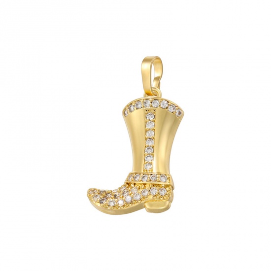 Immagine di 1 Pz Ottone Cowboy dell'Ovest Ciondoli Pendenti Stivale Placcato Oro 18K Trasparente Cubic Zirconiae 25mm x 13mm