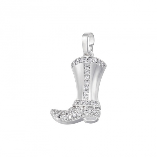 Immagine di 1 Pz Ottone Cowboy dell'Ovest Ciondoli Pendenti Stivale Platino Placcato Trasparente Cubic Zirconiae 25mm x 13mm