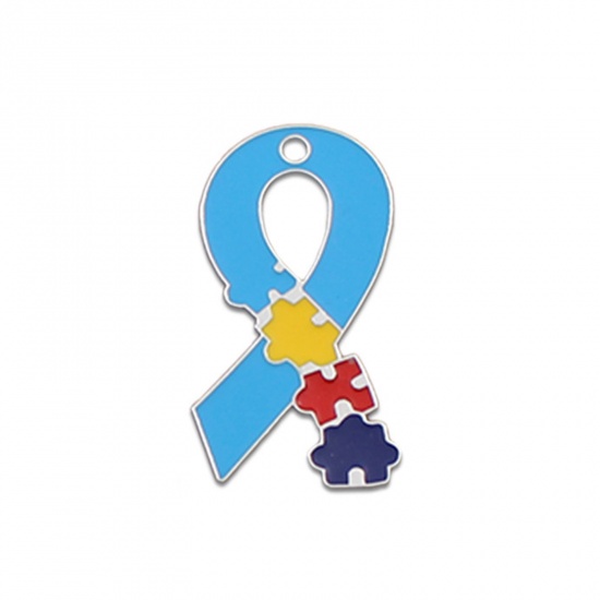 Picture of 5 PCs Zinc Based Alloy Medical Pendants Silver Tone Ribbon Autism Awareness Jigsaw Puzzle Piece Enamel 3.2cm x 1.8cm