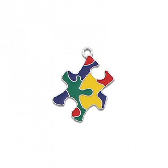 Picture of 5 PCs Zinc Based Alloy Medical Charms Silver Tone Jigsaw Autism Awareness Jigsaw Puzzle Piece Enamel 27.5mm x 20mm