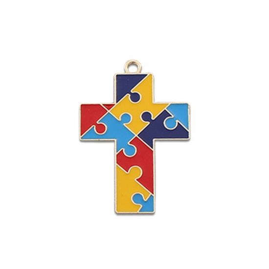 Picture of 5 PCs Zinc Based Alloy Medical Pendants Gold Plated Cross Autism Awareness Jigsaw Puzzle Piece Enamel 3.7cm x 2.6cm