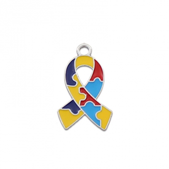 Picture of 5 PCs Zinc Based Alloy Medical Charms Silver Tone Ribbon Autism Awareness Jigsaw Puzzle Piece Enamel 25mm x 15mm