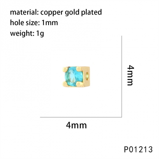 Picture of 2 PCs Brass Birthstone Beads For DIY Jewelry Making 18K Gold Plated Square Faceted Light Blue Cubic Zirconia About 4mm x 4mm, Hole: Approx 1mm