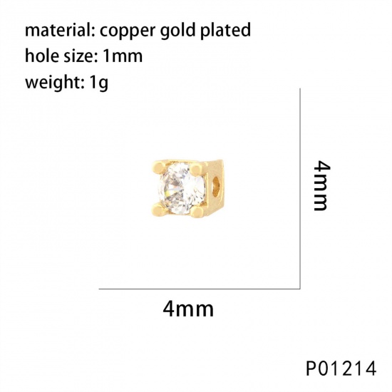 Picture of 2 PCs Brass Birthstone Beads For DIY Jewelry Making 18K Gold Plated Square Faceted Clear Cubic Zirconia About 4mm x 4mm, Hole: Approx 1mm