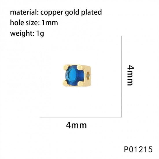 Picture of 2 PCs Brass Birthstone Beads For DIY Jewelry Making 18K Gold Plated Square Faceted Deep Blue Cubic Zirconia About 4mm x 4mm, Hole: Approx 1mm