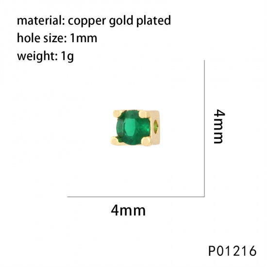 Picture of 2 PCs Brass Birthstone Beads For DIY Jewelry Making 18K Gold Plated Square Faceted Green Cubic Zirconia About 4mm x 4mm, Hole: Approx 1mm